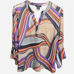 Robert Louis 70s Style Poly Blend Blouse With Abstract Wavy Stripes  Size XL